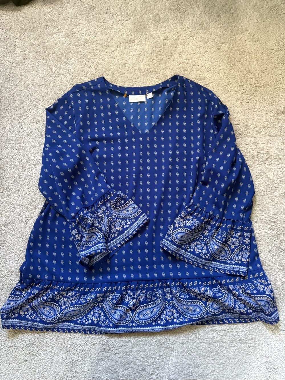 Belle by Kim Gravel Royal Blue Paisley V-Neck Bell Sleeve Blouse